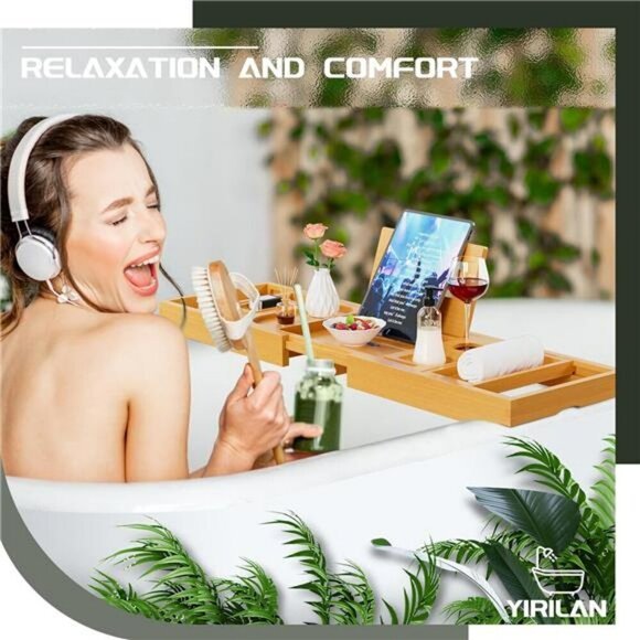 Expandable Bamboo Bathtub Tray Caddy with Wine Holder Gift for Spa Relaxation - Picture 5 of 8